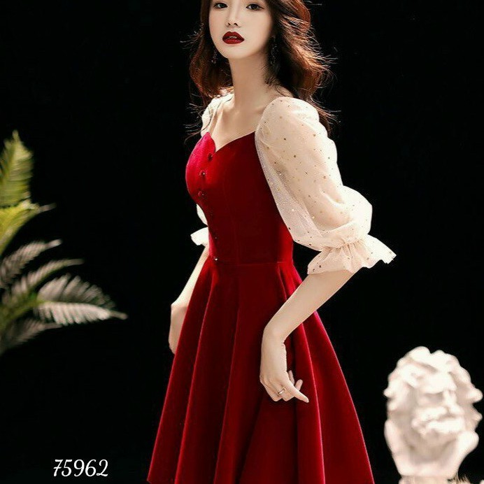 Đầm nữ dự tiệc vai hở tay lững phối ren màu đỏ dịp lễ tết nhẹ nhàng gợi cảm