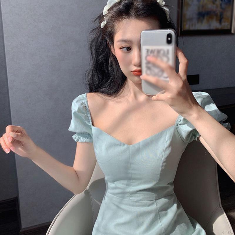 Đầm Tay Ngắn Cổ Vuông Màu Trơn Thiết Kế Đơn Giản Phong Cách Hàn Quốc