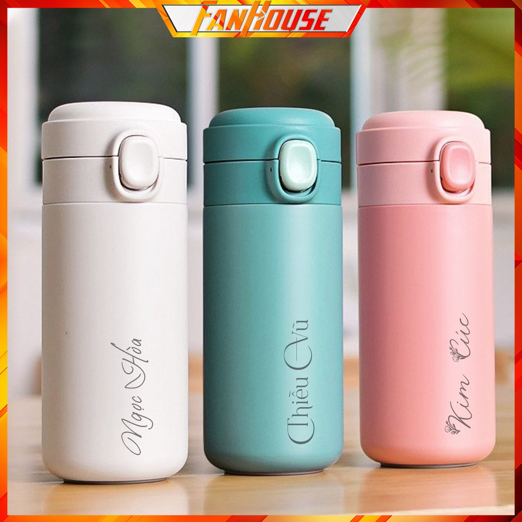 Bình giữ nhiệt khắc tên FanHousely nước inox 304 nắp bật tiện lợi, bình văn phòng 460ml giữ nóng lạnh 12h tặng bộ rửa