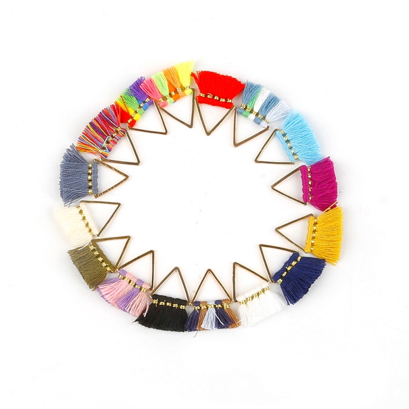Set 2 phụ kiện hình tam giác nhỏ bằng kim loại phối tua rua cotton polyester 25mm với 17 màu dùng làm móc khóa diy