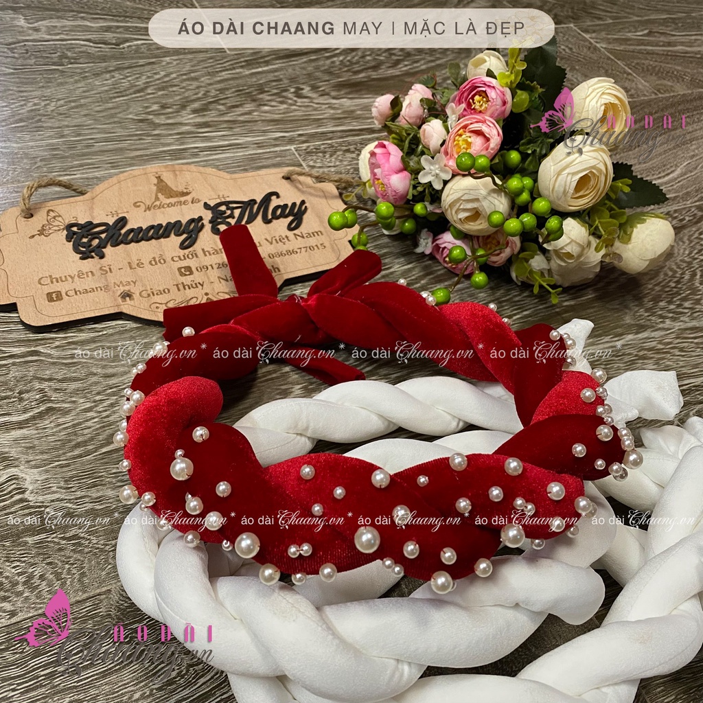Mấn nhung đội đầu áo dài cách tân nữ truyền thống CHAANG may thiết kế chụp hình dự tiệc cưới lễ tết đẹp ADC924