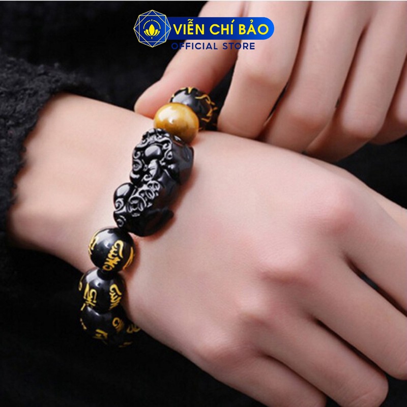 Vòng tay đá phong thủy Tỳ Hưu đen khắc Kinh Phật chữ vàng thời trang phụ kiện trang sức Viễn Chí Bảo V000461