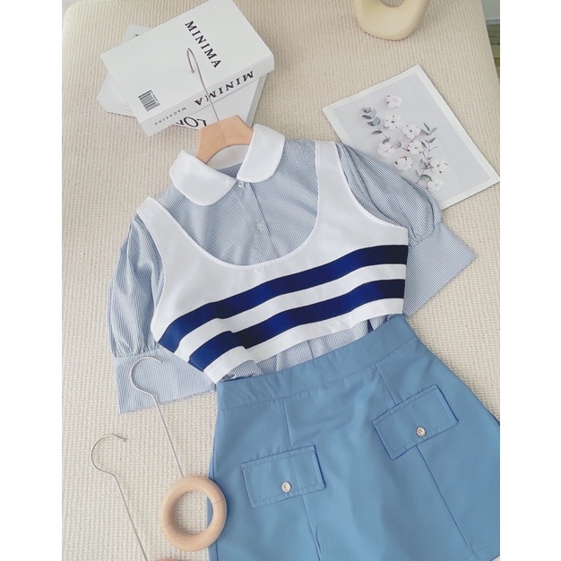 Set 3 Món Gile Kẻ Ngang Xanh