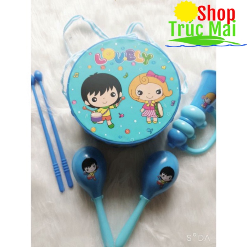 Bộ công cụ giải trí nhạc cụ 6 món trống, kèn, lục lạc, dùi trống cho bé