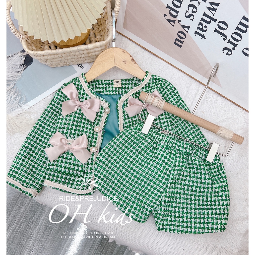 Áo khoác bé gái, set bộ quần áo dạ kim sa có lớp lót xịn sò cho bé