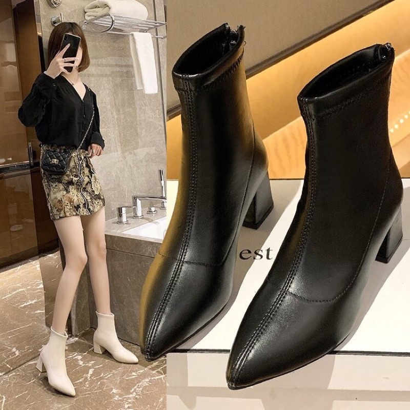 Bốt nữ lửng cổ, gót cao 6 phân mũi nhọn có khoá kéo sau gót