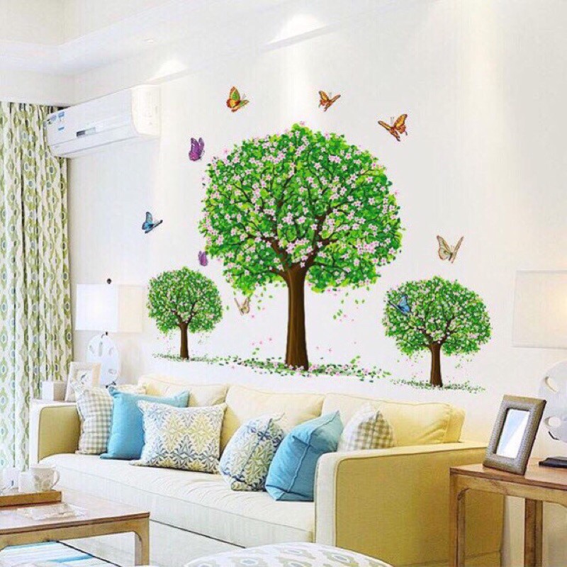 Decal giấy dán tường 3 cây xanh hoa và bướm trang trí nhà, phòng khách