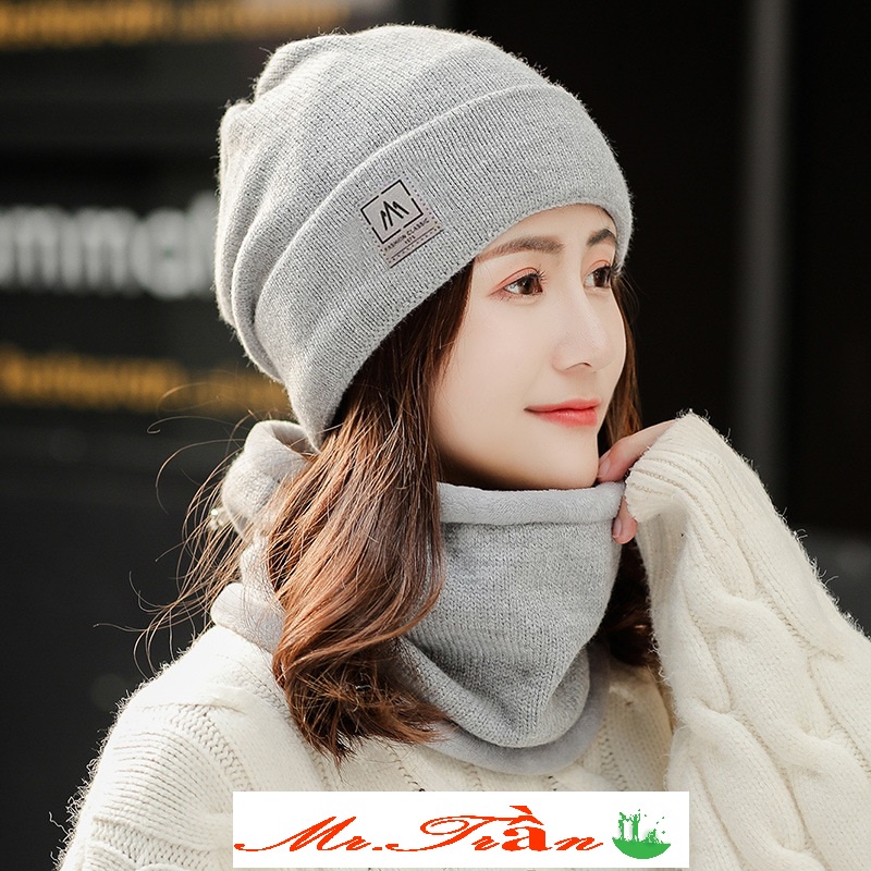 Mũ len kèm khăn quàng cổ ấm áp khi đi xe đạp xe máy nón len mùa đông mã TAM SAN
