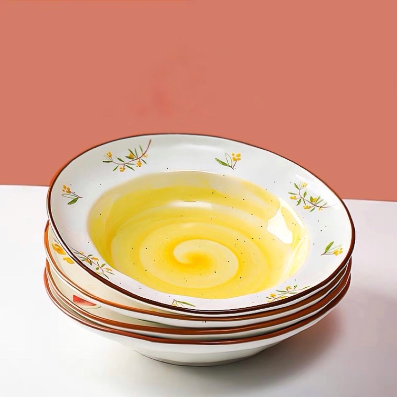 Đĩa sâu lòng, Bát tô hình thố, Dĩa sứ dài men cao cấp cho nhà bếp vintage hình dưa hấu, hoa vàng
