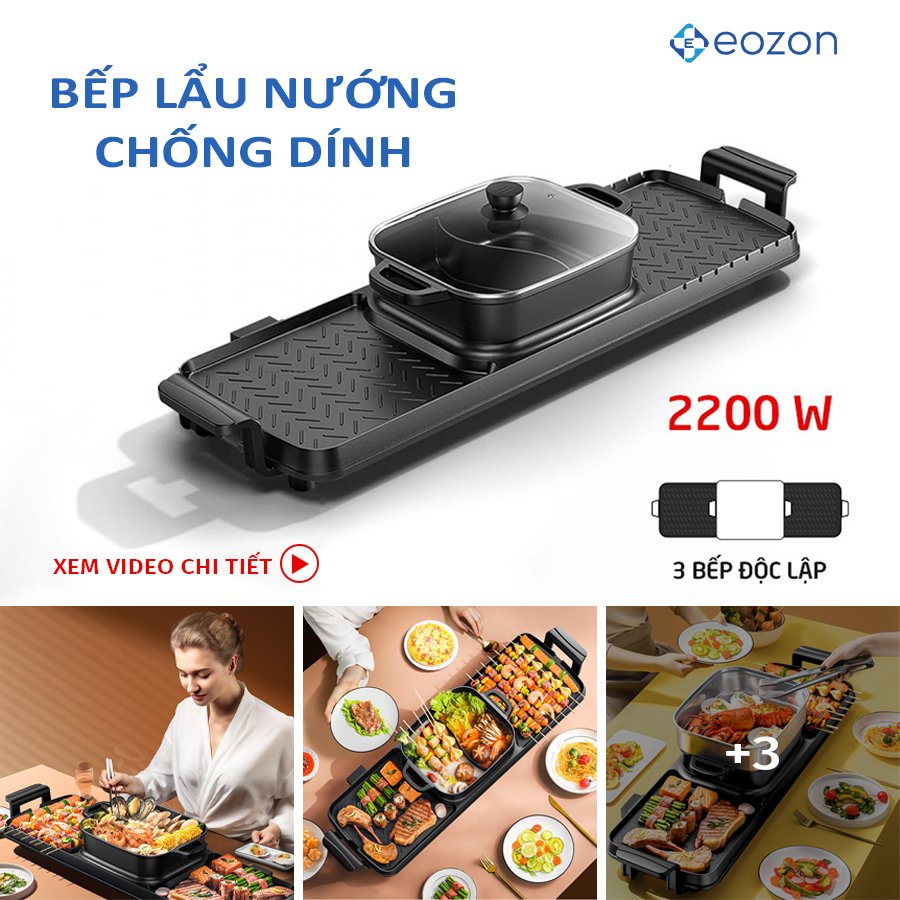 Bếp Lẫu Nướng Điện Đa năng 3 trong 1 Cao cấp EOZON Với Bề Mặt Tráng Men chống dính phong cách hàn quốc ( Chính Hãng)