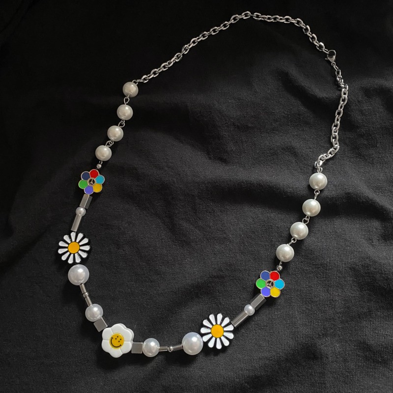 Vòng Cổ Mặt Hình Hoa Cúc Đính Ngọc Trai Sang Trọng Theo Phong Cách Hip Hop Cá Tính