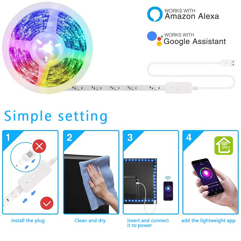 Dải Đèn Led 2.8m Cổng Usb Tv Rgb Wifi Thông Minh Cho Màn Hình 40-60 Inch Hdtv Pc  điều khiển giọng nói