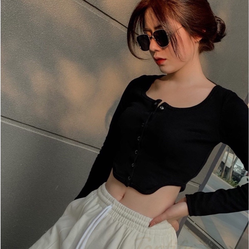 Áo Croptop nữ Body dài tay Thun Gân YUMI BÁN SỈ Áo croptop Nút Bấm Vạt Nhọn Hot Trendy