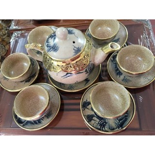 Ấm chén bọc đồng men rạn dáng hồng Bát Tràng