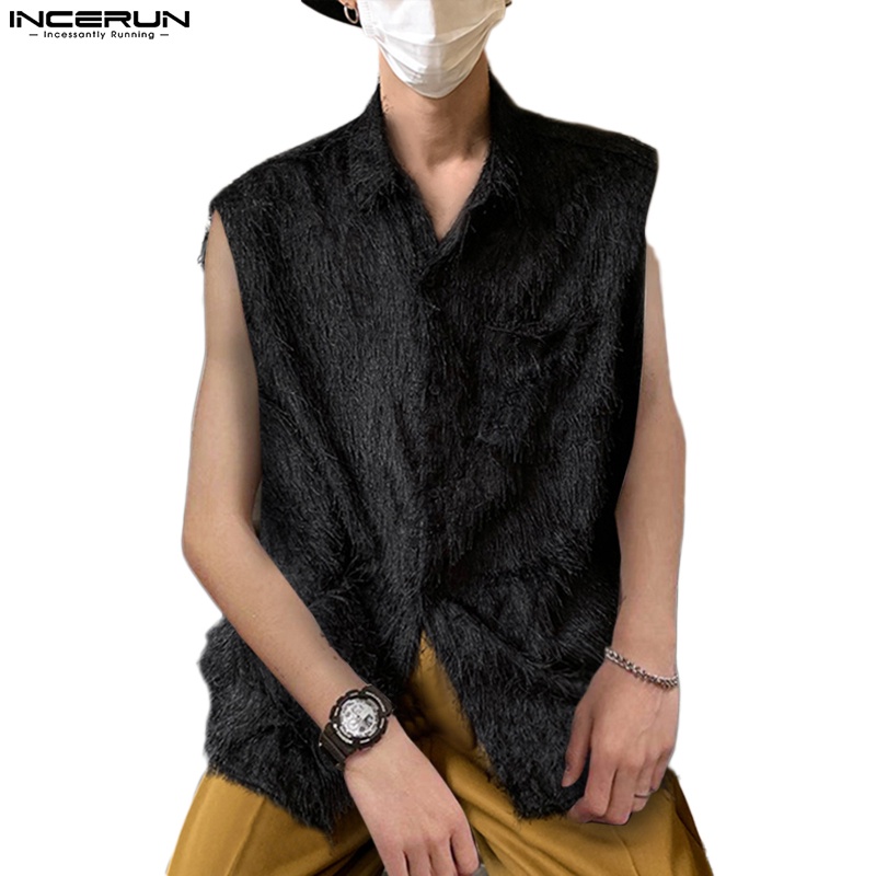 Áo sơ mi INCERUN sát nách màu trơn phối tua rua cài nút thời trang cho nam