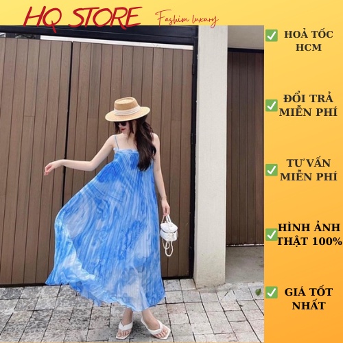 Đầm Maxi Đi Biển Dập Li Voan Xanh 2s, Váy Maxi Dáng Chữ A Có Lót Hở Lưng Kèm Hình Thật - Maxi HQ store