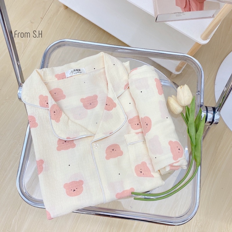 Bộ pijama thu đông mặc nhà nữ chất đũi xốp áo dài quần dài