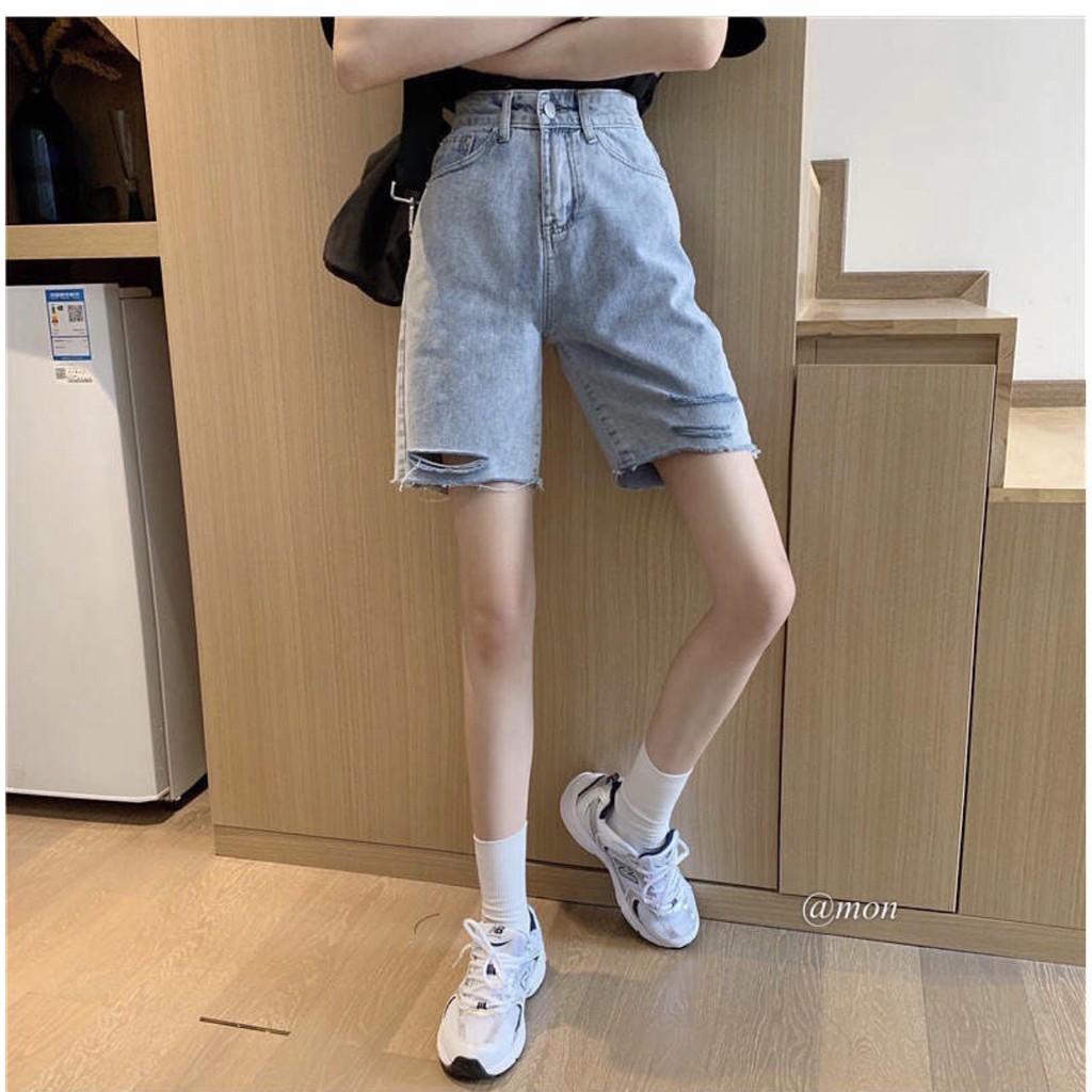 [Quần Bò] Quần short jean bò nữ RÁCH GẤU dáng ngố lửng ống rộng chất bò trơn mền dày sịn, quần đùi nữ basic dễ phối đồ