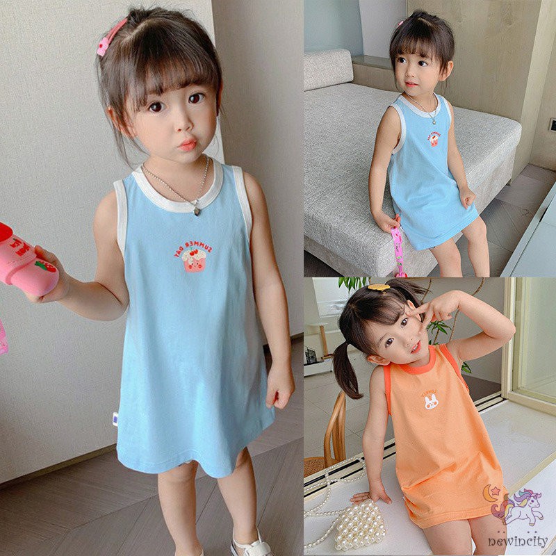 Đầm sát nách in họa tiết hoạt hình phong cách Hàn Quốc thời trang cho bé gái