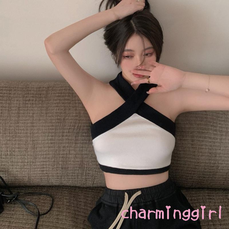 QAQ-Women´s Midriff-baring Tank Tops Black White Color Matching Cross Hanging Neck Off Shoulder Sleeveless Slim Tops