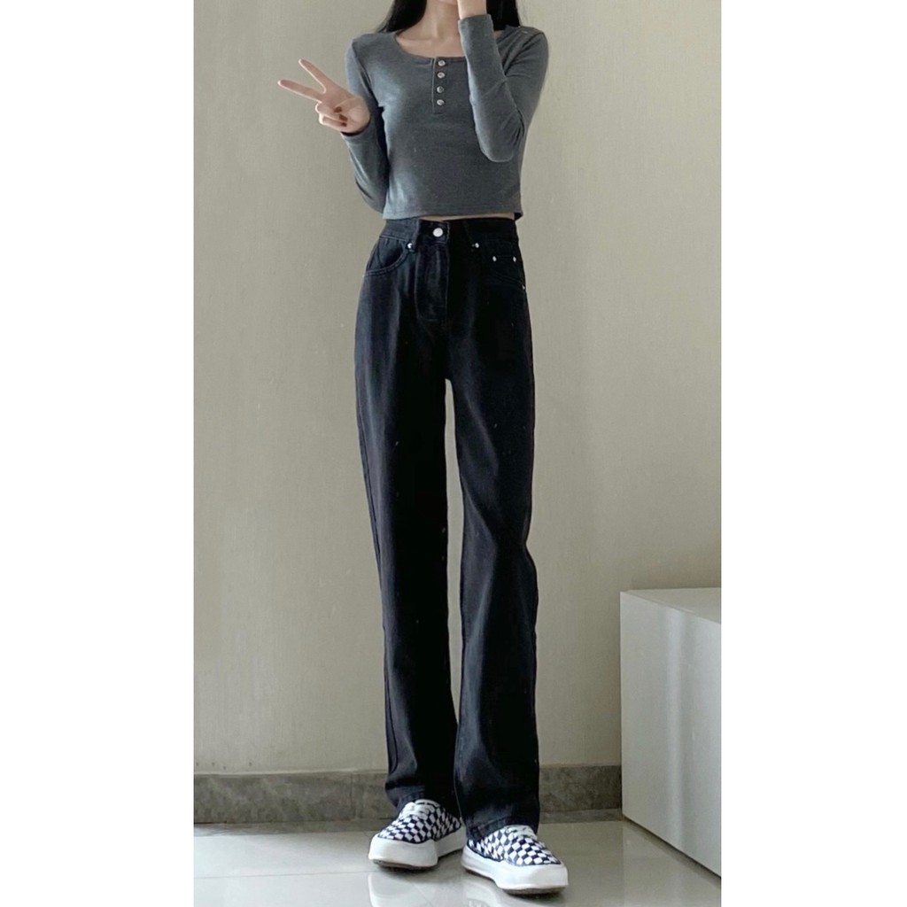 Quần jean ống rộng lưng cao màu xám đen