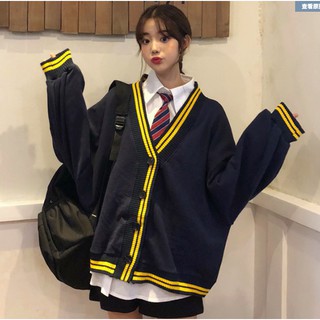 Áo khoác len cardigan kẻ viền vàng học sinh quốc tế Hàn Quốc