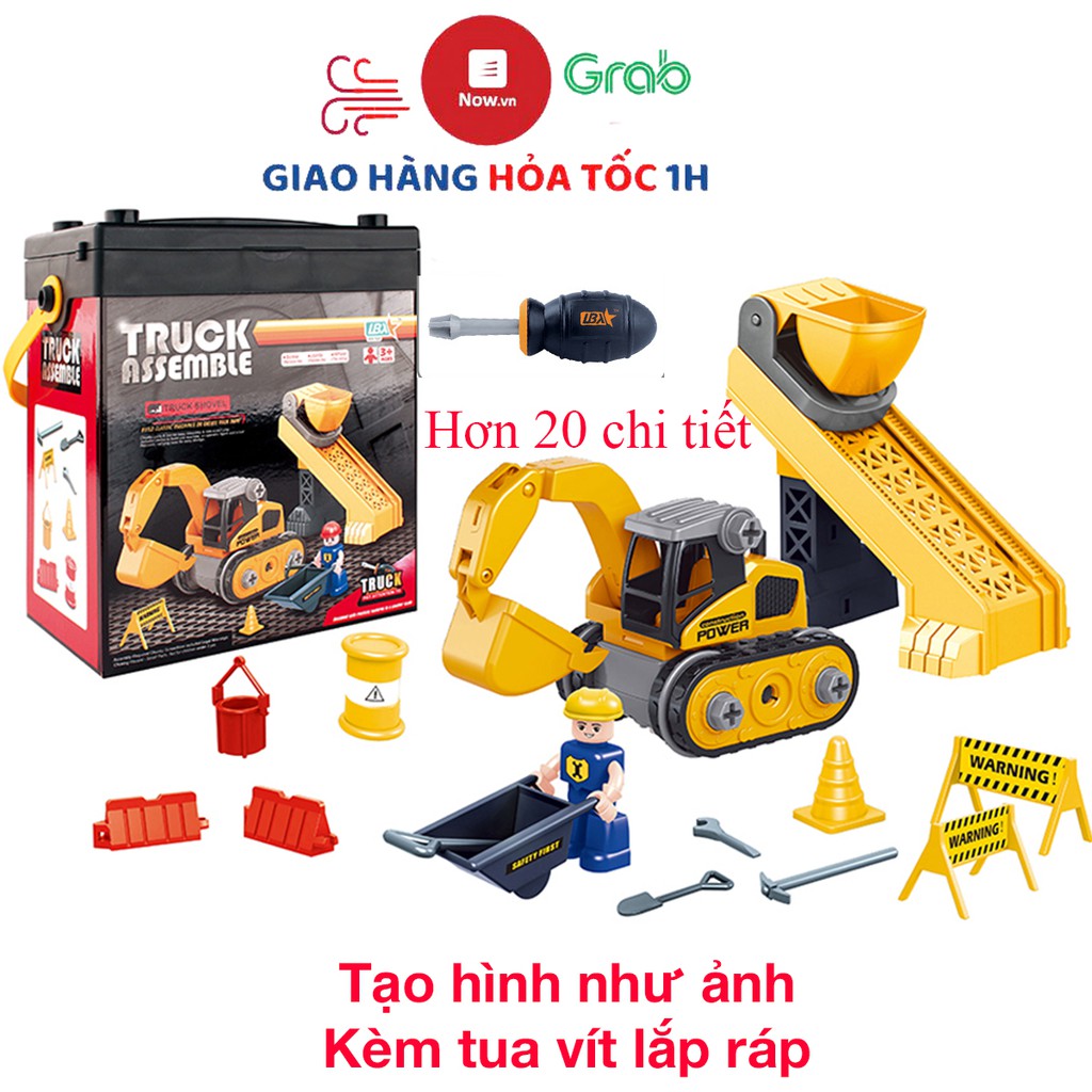 Đồ chơi lắp ghép xe xúc KAVY có cần trục vận chuyển hàng công nhân, sticker dán kèm hộp đựng