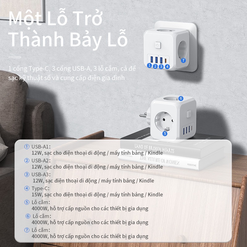 Ổ Cắm Điện Đa Năng BASIKE Hình Tháp Nhiều Tầng Chịu Tải 4000W, An Toàn Chống Cháy Chống Giật