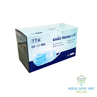 Hộp Khẩu Trang Y Tế TTA 4 Lớp Kháng Khuẩn Màu Xanh, Trắng. Tai Đeo Mềm Mịn Chống Trượt - Hộp 50 Cái FDA