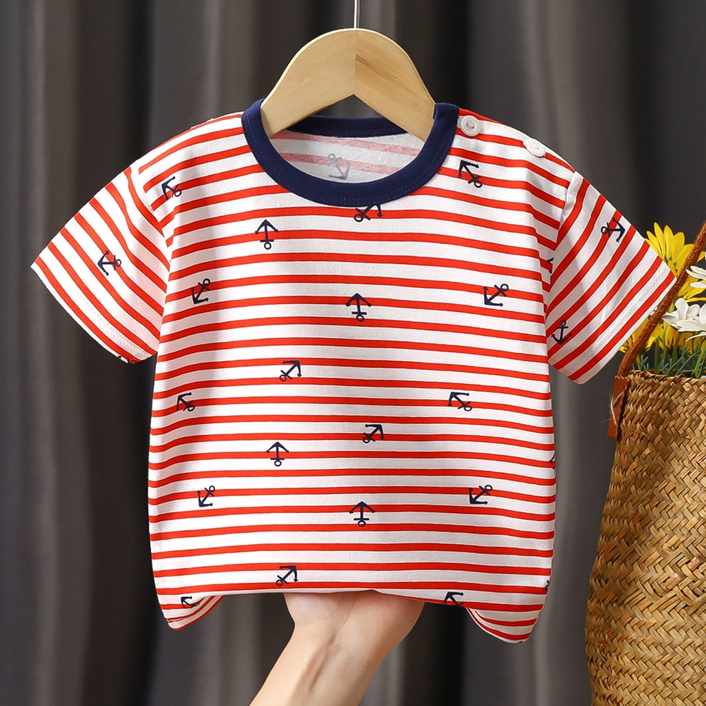 Áo Thun Cotton Cổ Tròn Tay Ngắn Họa Tiết Kẻ Sọc Dễ Thương Thời Trang Mùa Hè Cho Bé