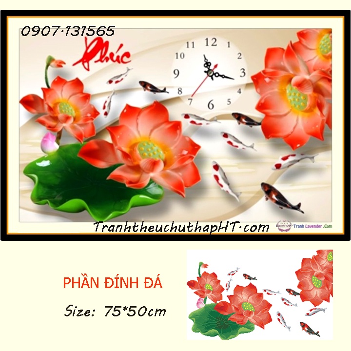 Tranh đính đá - Tranh thêu chữ thập Phúc hoa sen - size 75*50