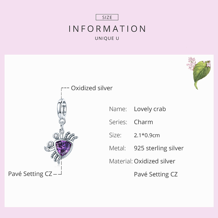 Mặt Dây Bamoer BSC458 Hình Chú Cua Đáng Yêu Đính Đá Zircon Màu Tím Bằng Bạc S925 100% Thời Trang DIY