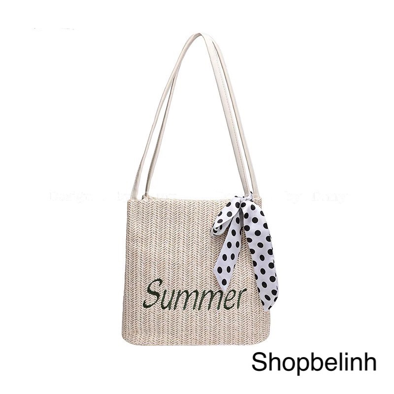 shopbelinh - Túi cói đi biển, túi xách cói buộc nơ kiểu dáng khoác vai tui tote dễ thương