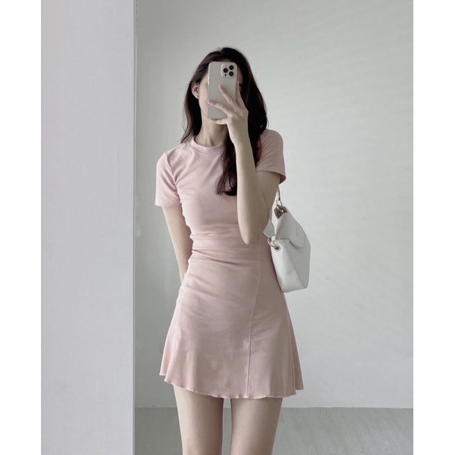 Váy thun trơn body cổ tròn cộc tay co giãn xoè dưới nhẹ nhàng nhiều màu