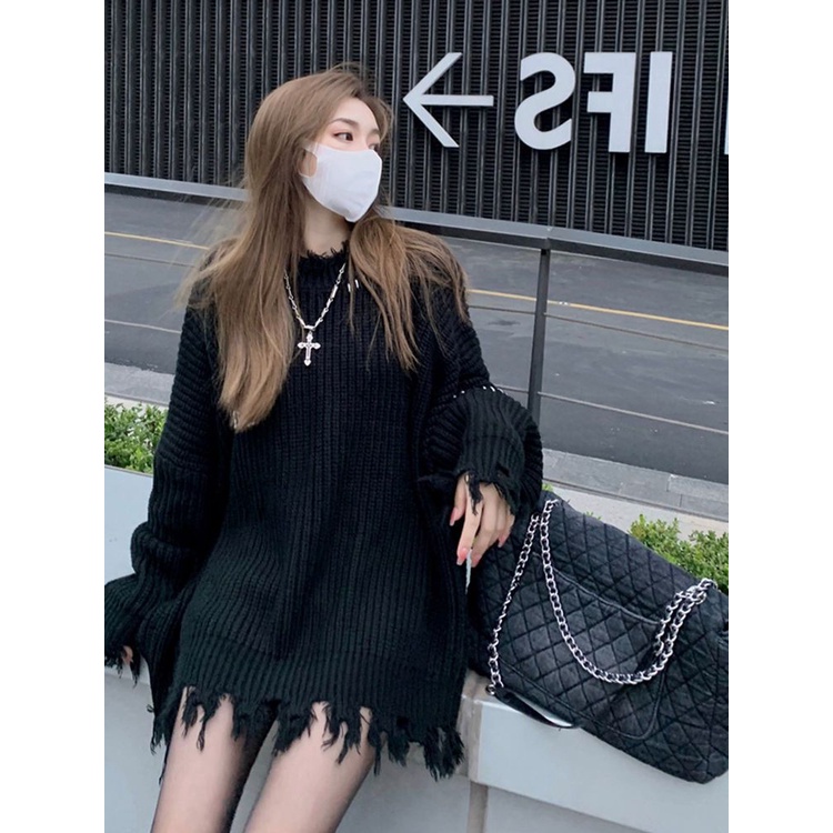 Jiashucheng Áo Sweater Chui Đầu Dày Chui Đầu Dáng Rộng Dài Vừa Phải Thiết Kế Rách Thiết