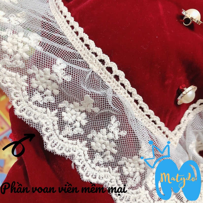 Váy đầm nhung đỏ xòe phối ren cho bé gái diện Noel và Tết váy tiểu thư cao cấp cho trẻ từ 10-18kg