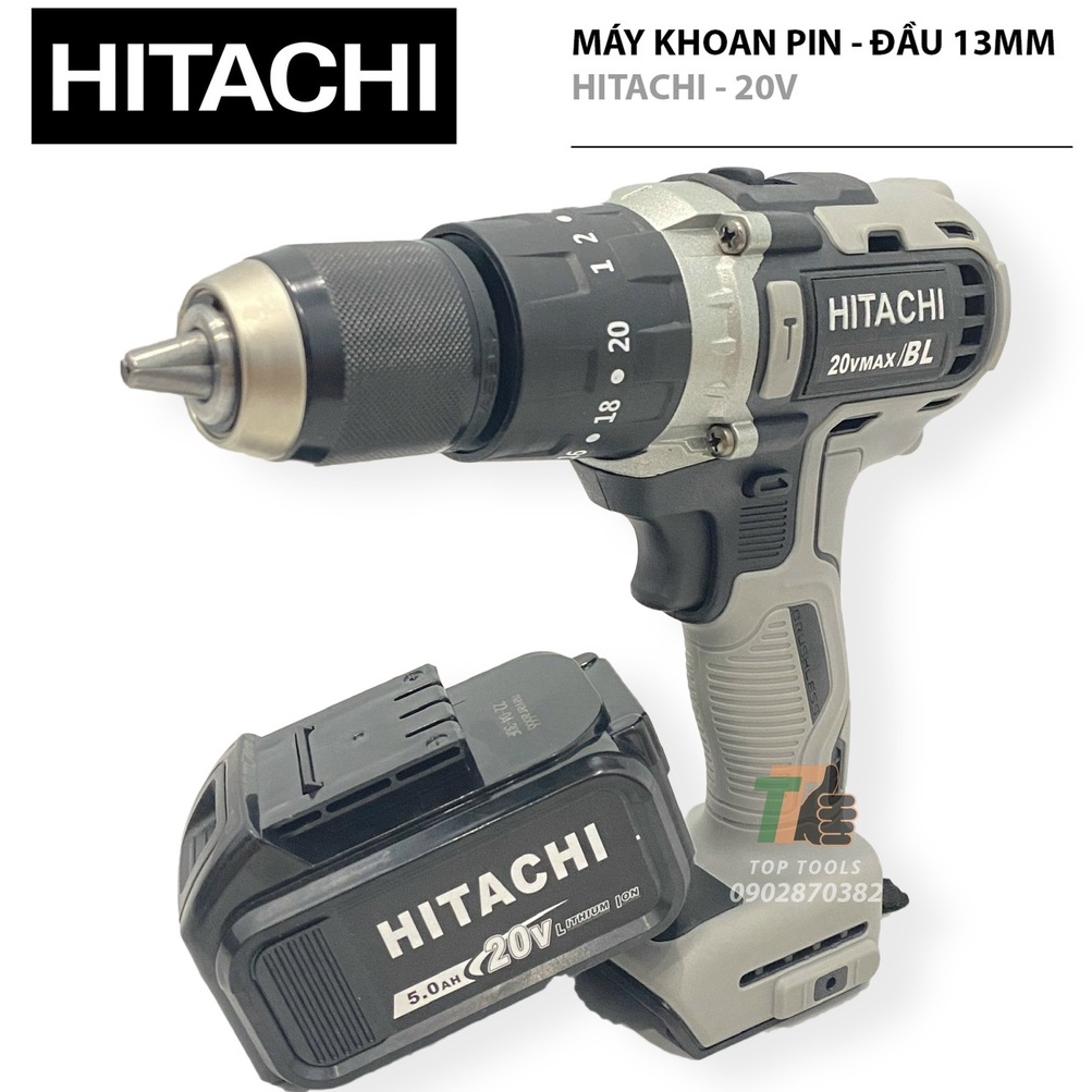 Máy khoan pin Hitachi , Máy khoan pin không chổi than, Pin 20v 10 cell, Đầu khoan 13mm