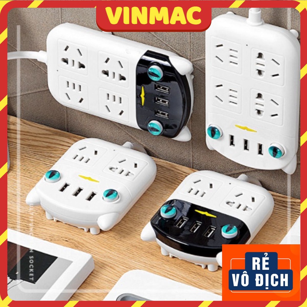 Ổ Cắm Điện Đa Năng Thông Minh Dán Tường Hình Mèo Cute 3 Cổng USB Chống Giật Cao Cấp Dây Dài 1.8m
