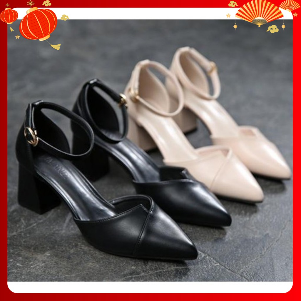 Giày Cao Gót Phong Cách Vintage Cao 5CM 2 Màu Nu, Kem mã XKC26
