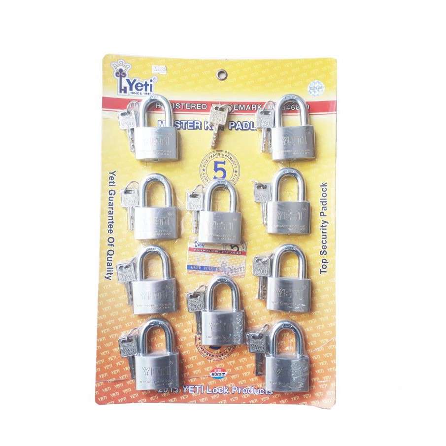 BỘ 10 Ổ KHÓA 60MM YETI có 4 chìa chủ mở được cho cả 10 ổ khoá
