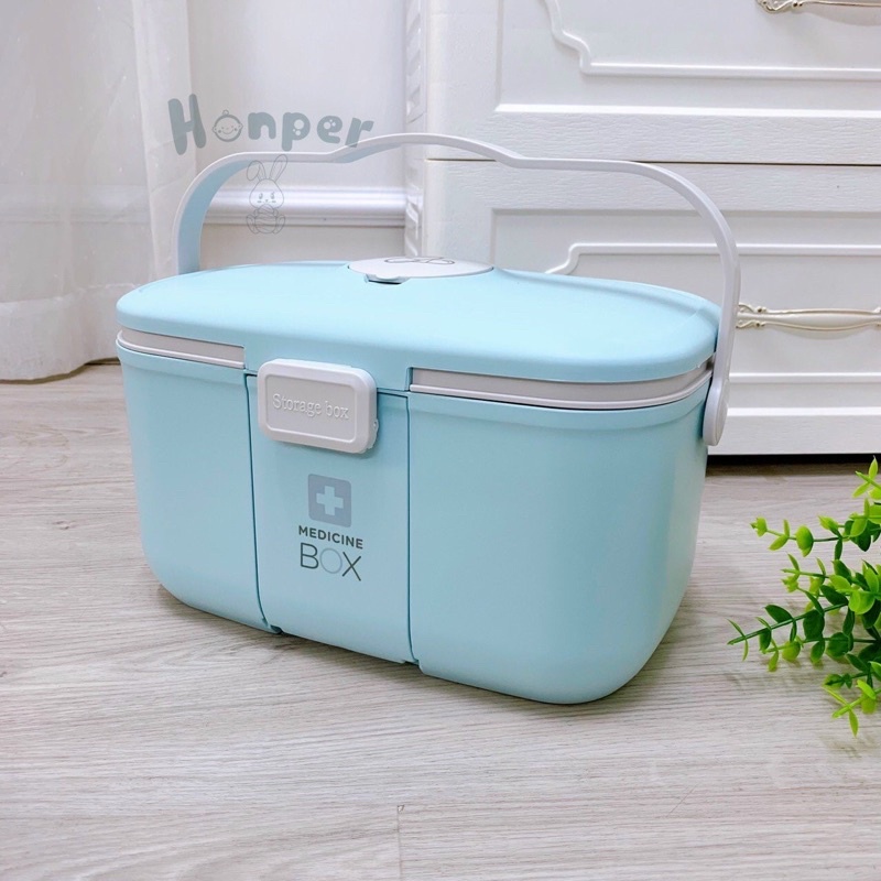 Hộp đựng thuốc đa năng size lớn có quai xách 2 tầng Honper màu hồng - xanh