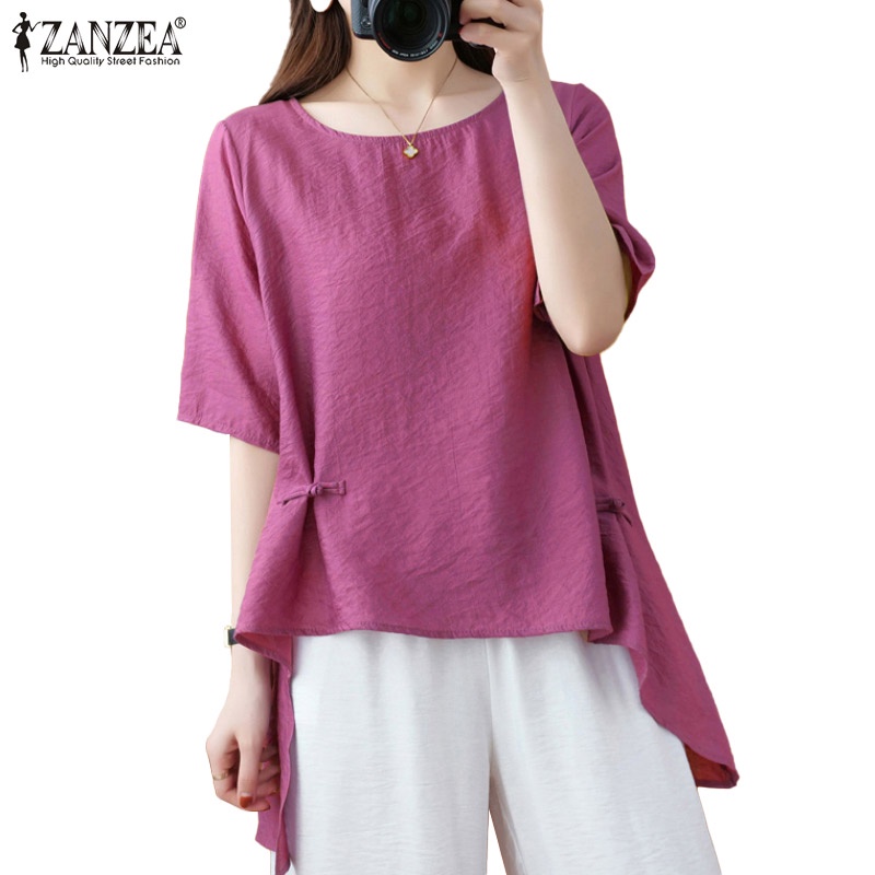 Zanzea Áo Thun Tay Ngắn Cổ Tròn Vạt Lệch Cá Tính Cho Nữ