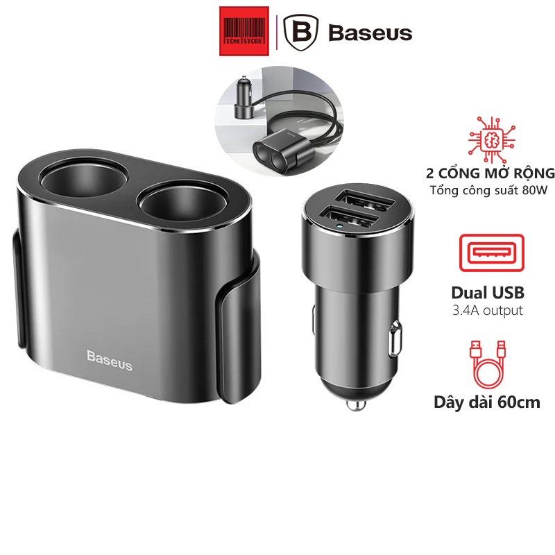 Tẩu sạc đa năng tích hợp bộ chia cổng sạc Baseus High Efficiency 1 to 2 Cigarette Lighter- Bh 12 tháng