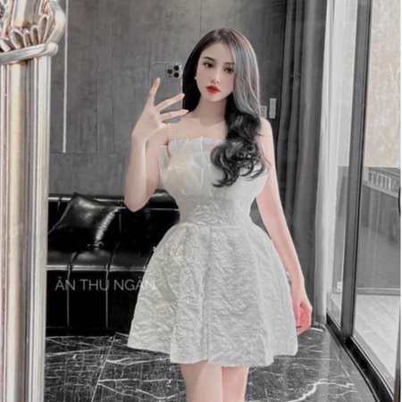 Váy hoa xốp nổi 2 dây trễ vai dây ngọc siêu hot đầm thiết kế dự tiệc DN788