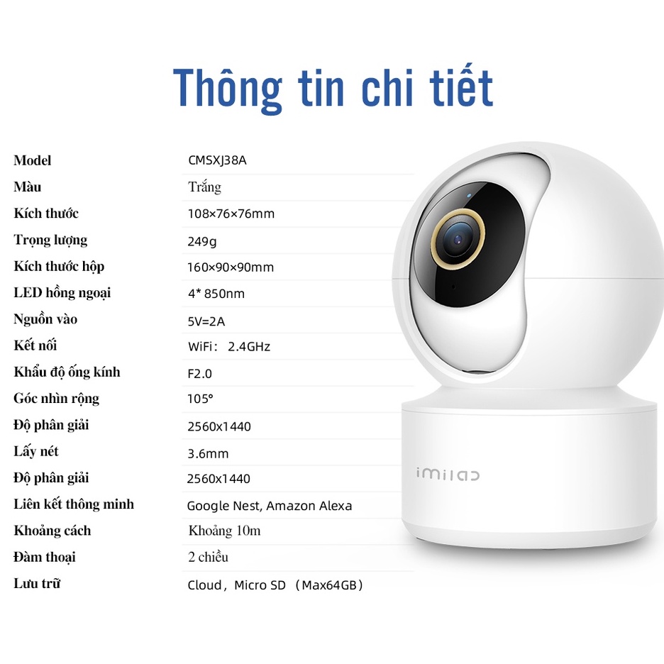 Camera ip Imilab C21 Bản Quốc Tế Xiaomi giám sát xoay QHD 2.5K, Lens F2.0, hồng ngoại 4x850nm