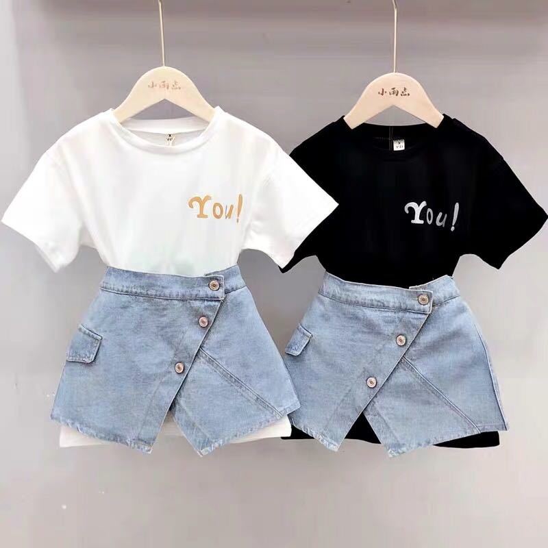 Set Áo Thun Tay Lỡ Form Dài Rộng + Chân Váy Jeans Thời Trang Hàn Cho Bé Gái