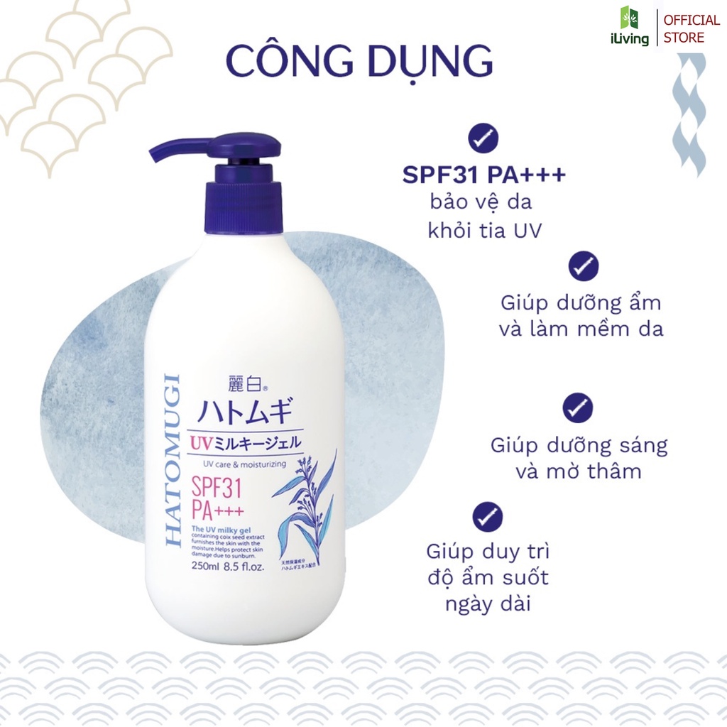 Sữa dưỡng thể chống nắng, dưỡng ẩm Reihaku Hatomugi UV Milky Gel SPF 31 PA+++ 250ml ILIVING-HATSDTCN250