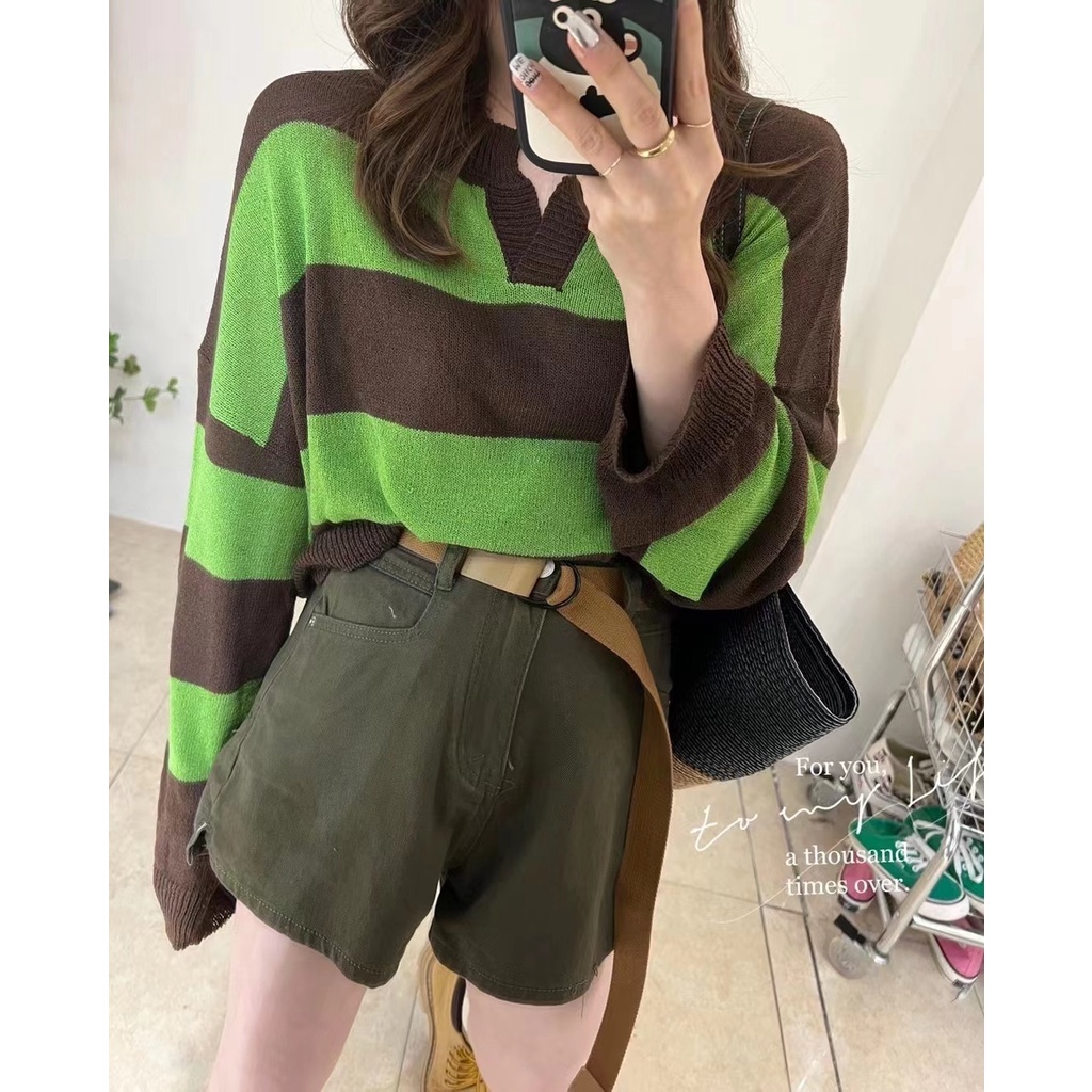 Áo len ZHELIHANGFEI tay dài cổ chữ V dáng rộng họa tiết kẻ sọc ngang