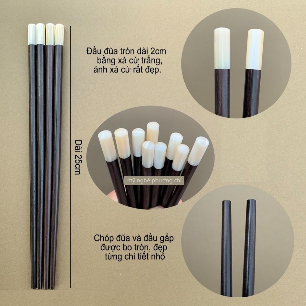 Đũa gỗ trắc đầu tròn, vuông gắn ốc biển [ bộ10 đôi ], đũa gỗ cao cấp chống trơn, chống mốc, bền màu | Mỹ nghệ phương chi
