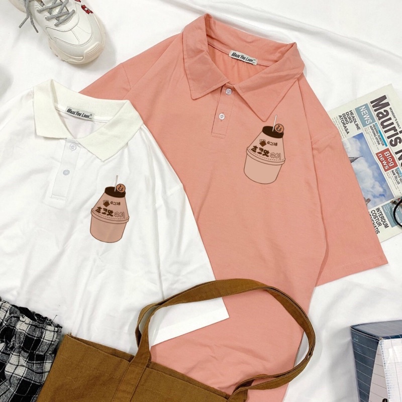 Áo thun có cổ dáng rộng tay lỡ --- ly trà sữa